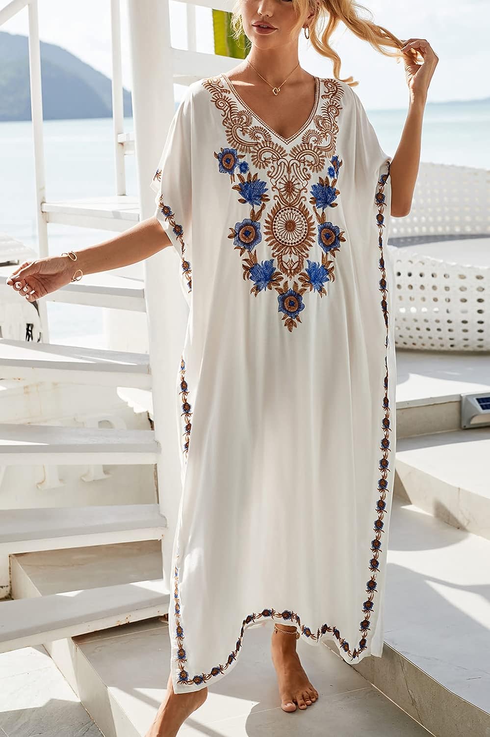 YouKD Embroidered Kaftan Dress Boho Beach Bikini Cover Up Robe Plus Size Loungewear for Women