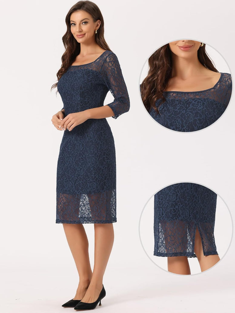 Allegra K Lace Dress for Women's Elegant 3/4 Sleeve Square Neck Bodycon Cocktail Dresses