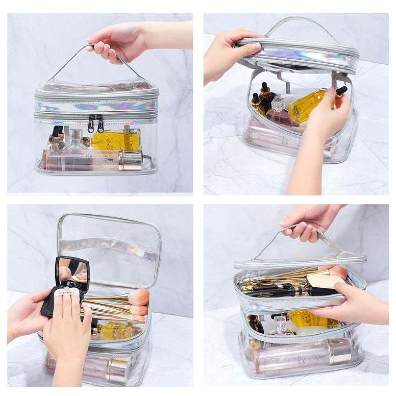 FIYUK Clear Cosmetic Bag Dual Layer Travel Toiletry Bags Make up Organizer Waterproof Brushes Holder