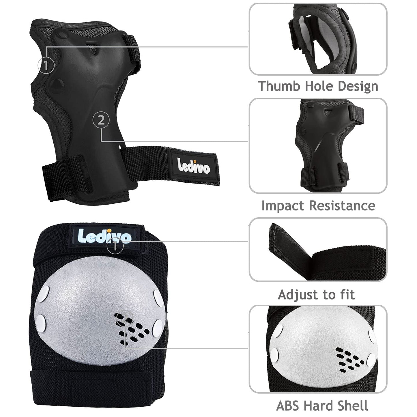 Ledivo Knee Pads Adult/Youth/Kids Elbow Pads Wrist Guards 3 In 1 Protective Gear Set for Multi Sports Skateboarding, Roller Skating Cycling Bike BMX Bicycle Rollerblading Scooter