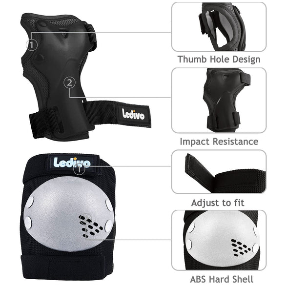 Ledivo Knee Pads Adult/Youth/Kids Elbow Pads Wrist Guards 3 In 1 Protective Gear Set for Multi Sports Skateboarding, Roller Skating Cycling Bike BMX Bicycle Rollerblading Scooter