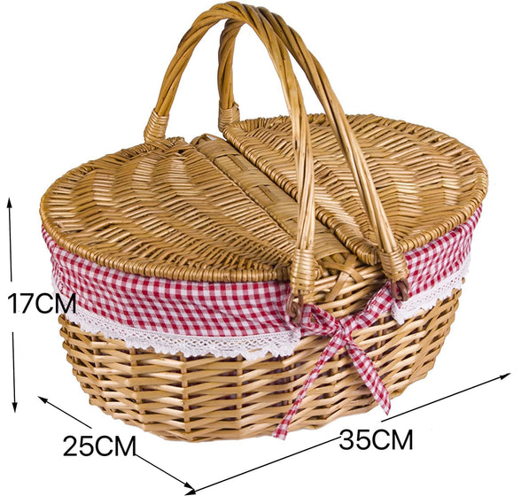 Wicker Picnic Basket with Lid and Handle, Natural Study Willow Basket with Washable Liner, Vintage-Style Woven Easter Basket for Picnic, Camping, Outdoor, Red/White Gingham