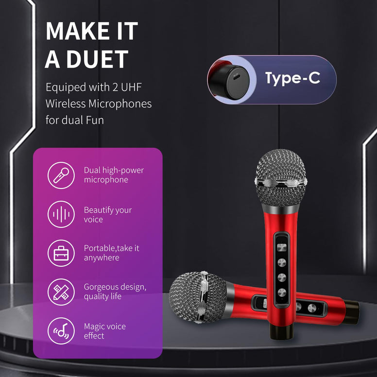 Karaoke Machine for Adults and Kids, Portable Bluetooth Karaoke Speaker with 2 Wireless Microphones PA Speaker System for indoor Outdoor Party, Family Party Singing