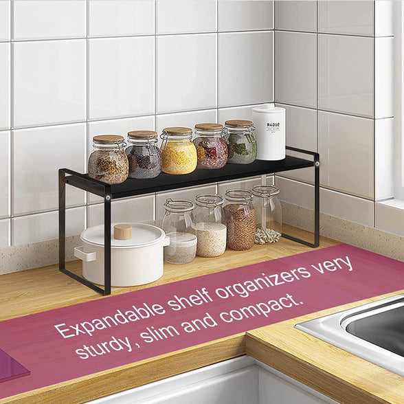 Expandable Countertop Organizer Shelf by U-HOOME, Cupboard Stand Kitchen Spice Rack,Cabinet Pantry Shelf, Organization and Storage For Kitchen Bathroom (Black)