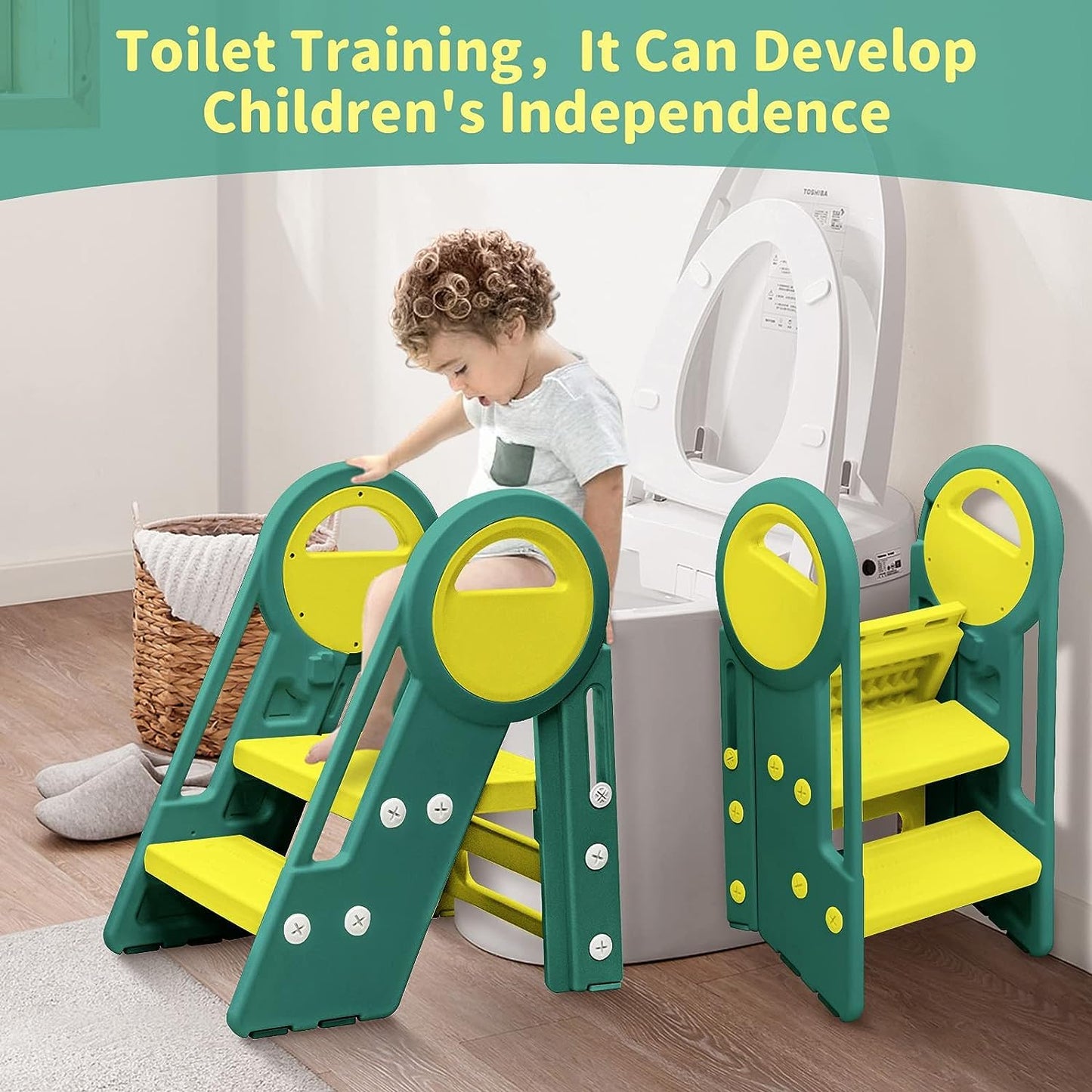 Kid Step Stools for Bathroom Sink,Adjustable 3 Step Stools with Handles to 2 Step Stool for Kids Toilet Potty Training,Kitchen Counter Plastic Toddler Step Stool Helper (Green)