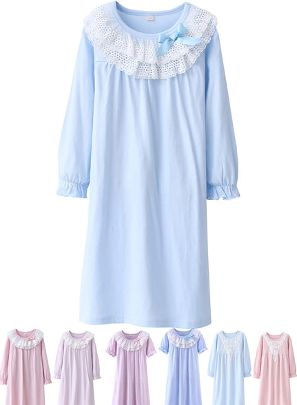 ABALACOCO Girls Kids Princess Lace Nightgown Long Sleeve Cotton Sleepwear Dress Pretty V-neck Loose Homewear