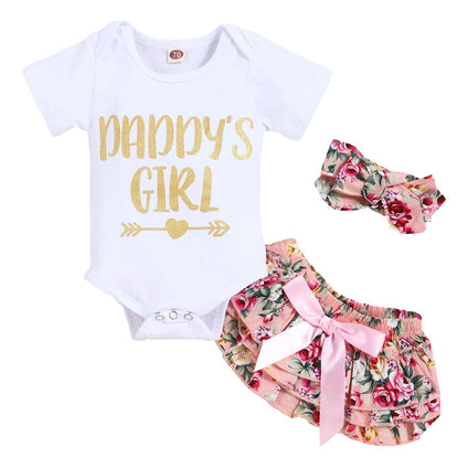 Infant Baby Girl Clothes Daddy's Girl Letter Print Romper Floral Bloomers with Headband 3PCs Toddler Outfits Set 3-6 Months