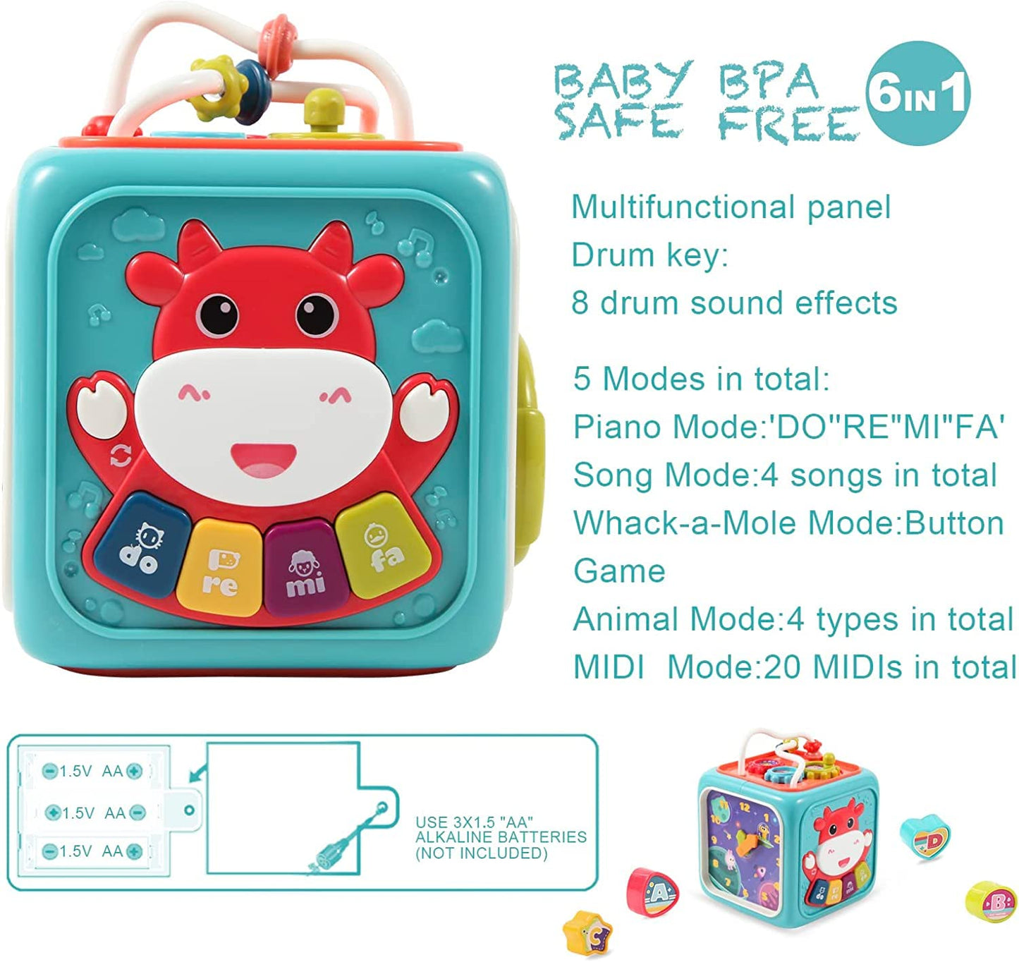 AM ANNA 6 in 1 Baby Activity Cube, Busy Learning Activity Cube Toy Bead Maze Shape Sorter with Music and Lights,Montessori Early Development Learning Toys for Toddler 1 Year Old Boy and Girl Gift