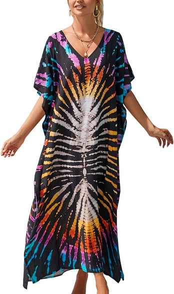 YouKD Maxi Dress V-Neck Kaftan Boho Robes Beach Cover-ups Dress Roomy Gowns for Women