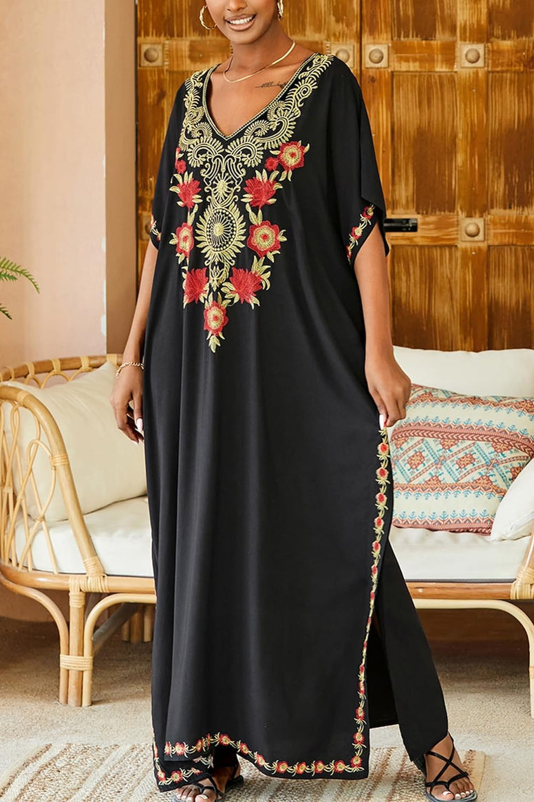 YouKD Embroidered Kaftan Dress Boho Beach Bikini Cover Up Robe Plus Size Loungewear for Women