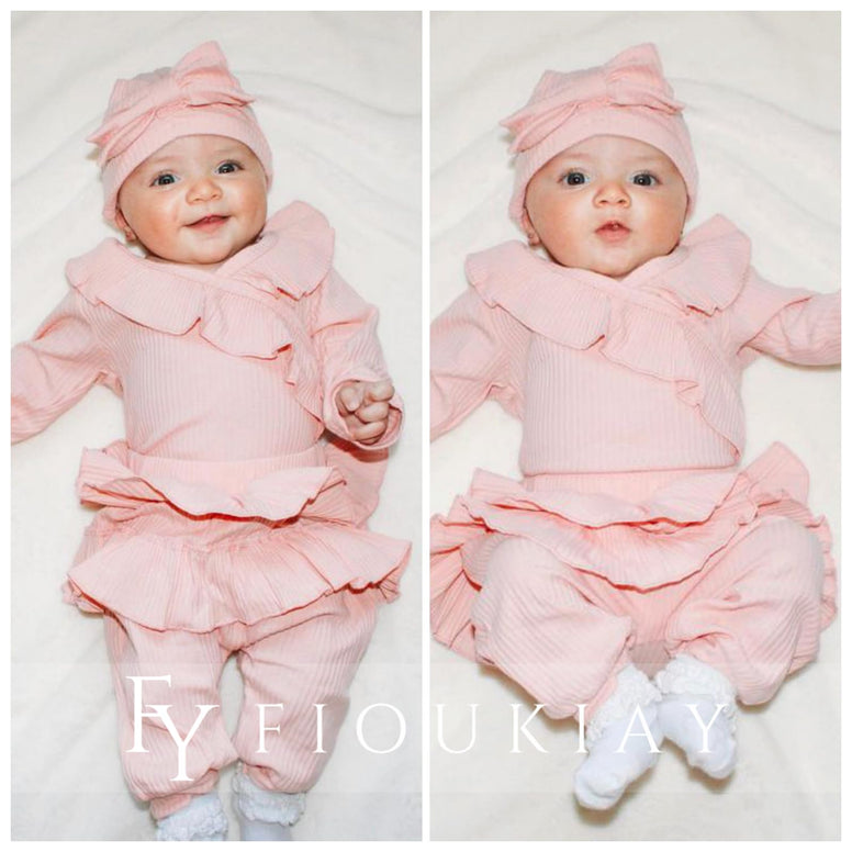 fioukiay Preemie Newborn Baby Girl Clothes Infant Girl Solid Ribbed Outfits Ruffle Romper and Pants 3PC Clothing Sets 3-6 Months