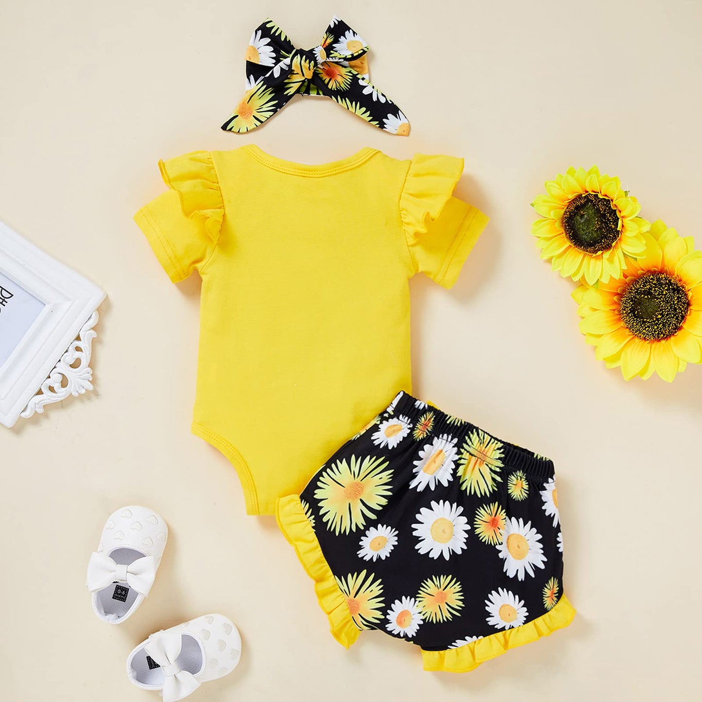 Baby Girl Sister Matching Outfits Little Big Sister Ruffle Romper Tops + Sunflower Shorts Set Summer Clothes (0-3 Months)