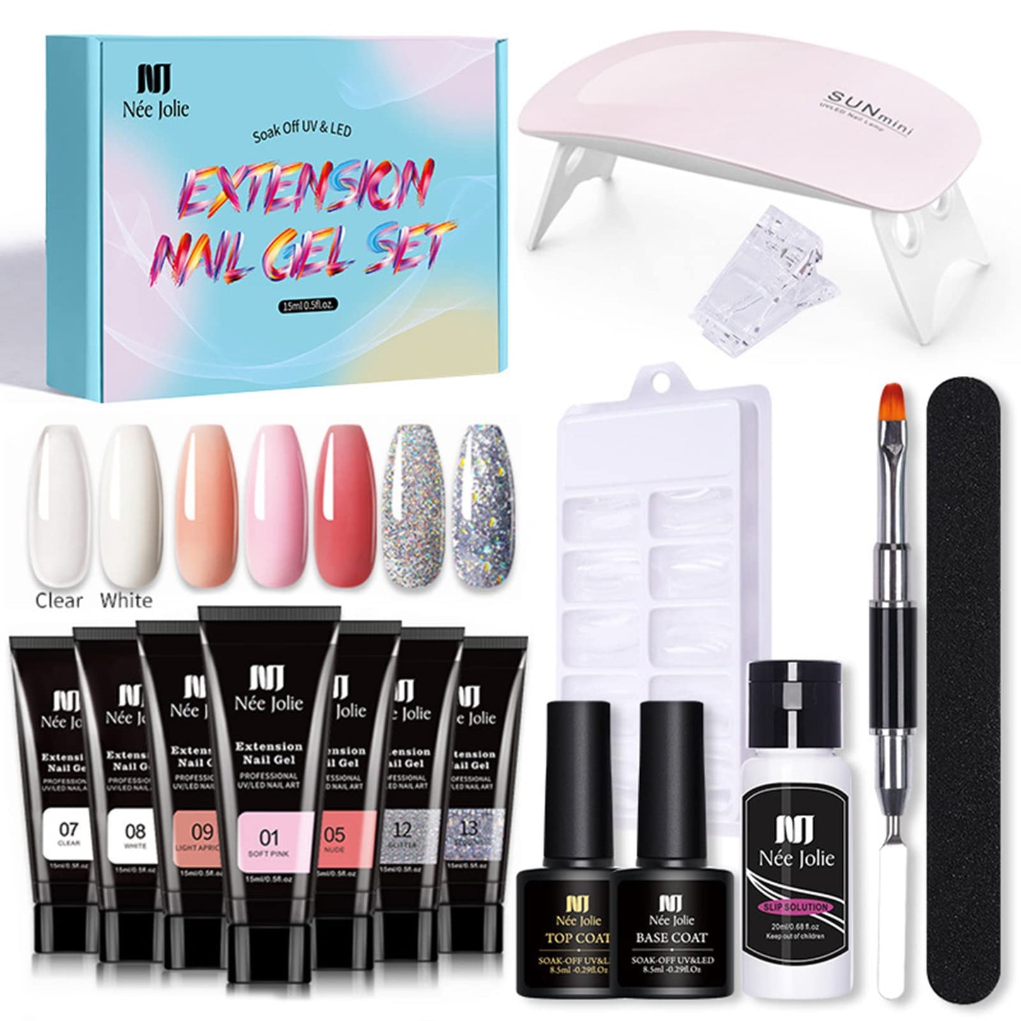 Eacam Nail Extension Gel Set Nail Gel polish Set Nail Strengthen Gel UV/LED Nail Lamp Nail Dryer Base Coat Top Coat with Nail Brush Nail File Nail Clip Manicure Tools Gel Nail Polish Kit