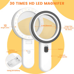 Magnifying Glass with Light, 30X Handheld Large Magnifying Glass 12 LED Illuminated Lighted Magnifier for Macular Degeneration, Seniors Reading, Soldering, Inspection, Coins, Jewelry, Exploring