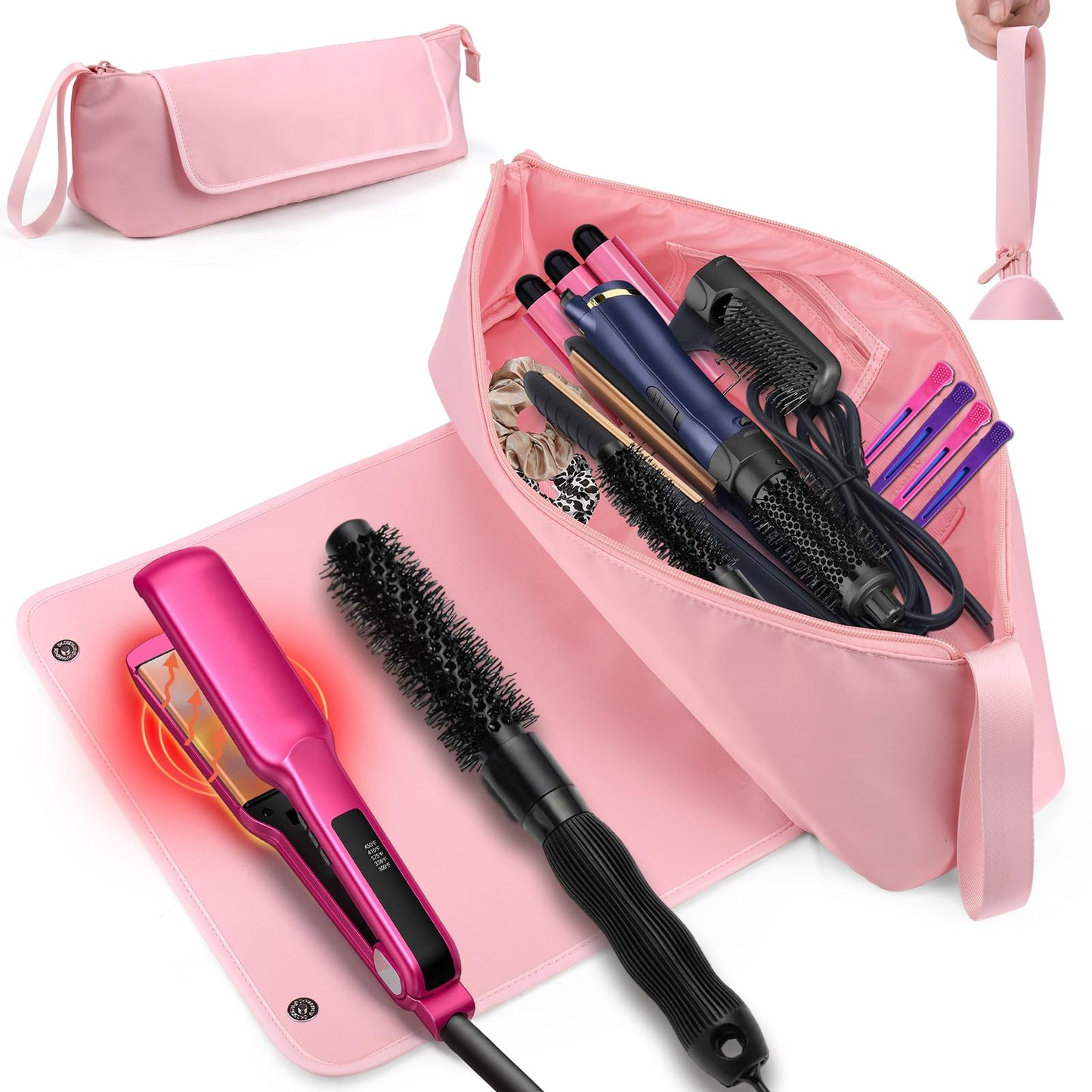 BABORUI Large Hair Tools Travel Bag, Heat Resistant Hair Travel Bag for Curling Iron, Flat Irons, Straighteners, Hanging Travel Hair Tools Bag with Heat Resistant Mat, Hangable Handles (Pink)