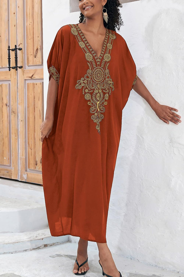 YouKD Embroidered Kaftan Dress Boho Beach Bikini Cover Up Robe Plus Size Loungewear for Women