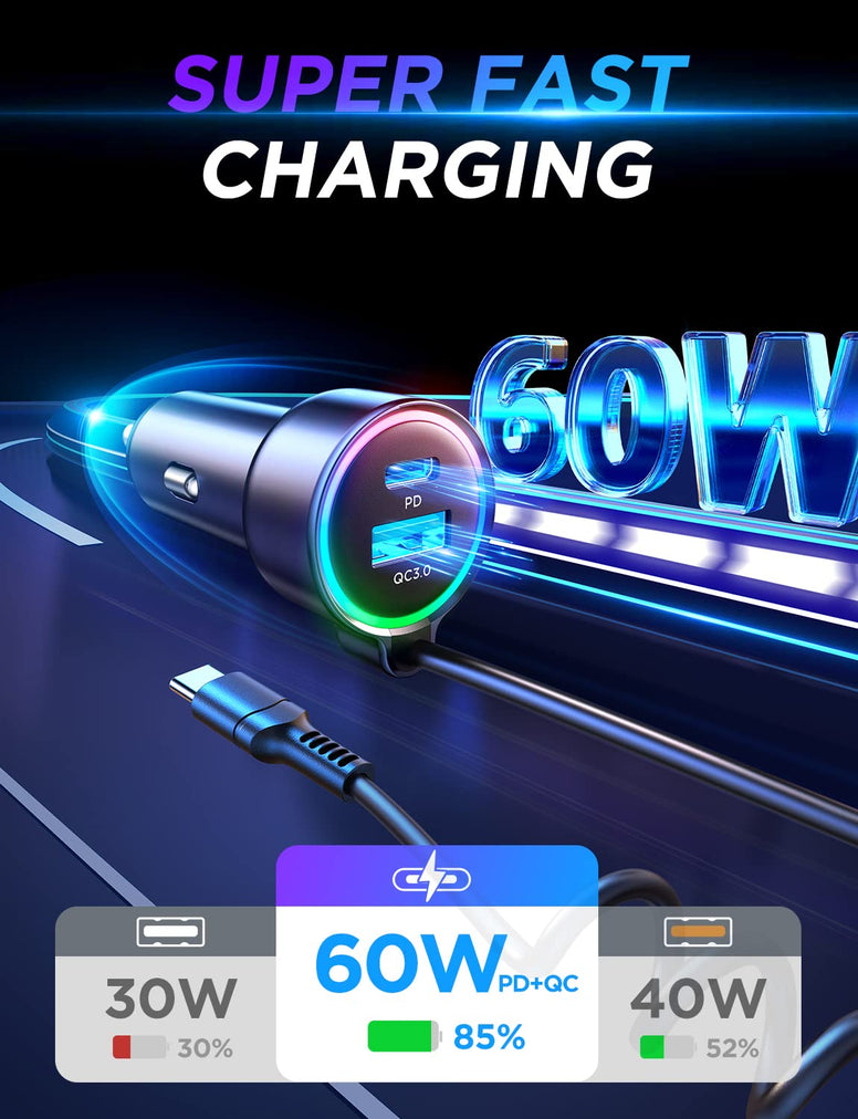 USB C 60W Super Fast Car Charger PD& QC3.0 with 5ft 30W Type C Coiled Cable, Car Phone Charger Adapter for iPhone 15 Pro Max Plus, Samsung Galaxy S23/S22/S21, Google Pixel/Moto/LG/Android, iPad Pro