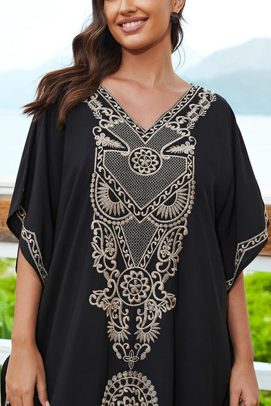 YouKD Embroidered Kaftan Dress Boho Beach Bikini Cover Up Robe Plus Size Loungewear for Women