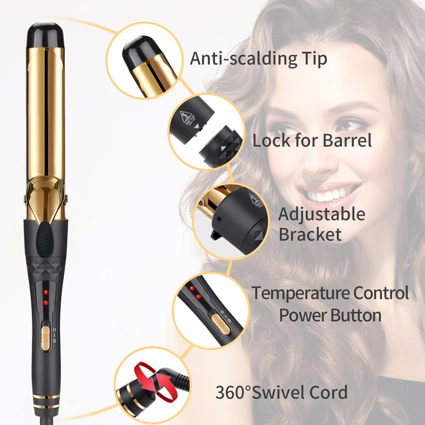 Rosy Forth Hair Curling Iron 32MM, Curling Wand with Travel Bag, Fast Heating Gold Hair Curler for Travel Home