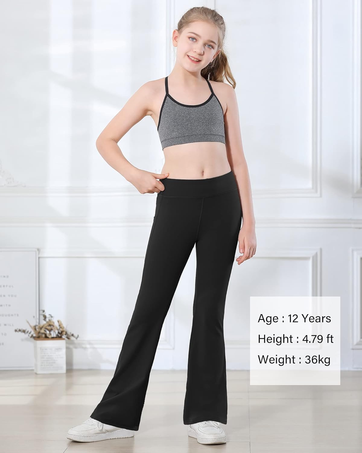 Stelle Girl's Flare Leggings with 2 Pockets High Waisted Yoga Dance Bootcut Pants Bell Bottoms Activewear Running Kids, Black, 12-14 Years