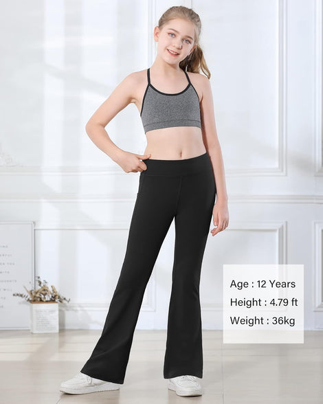 Stelle Girl's Flare Leggings with 2 Pockets High Waisted Yoga Dance Bootcut Pants Bell Bottoms Activewear Running Kids, Black, 12-14 Years