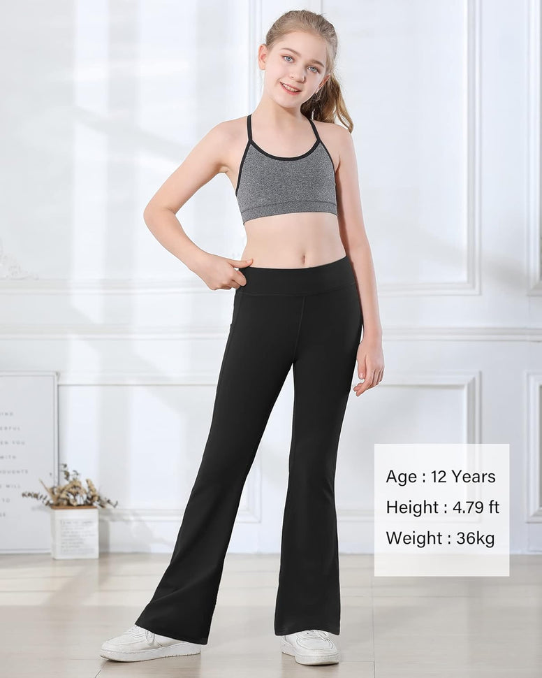 Stelle Girl's Flare Leggings with 2 Pockets High Waisted Yoga Dance Bootcut Pants Bell Bottoms Activewear Running Kids, Black, 12-14 Years