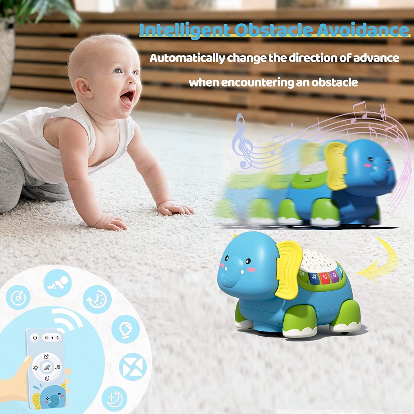 AM ANNA Baby Toys 6 to 12 Months, Baby Crawling Toys Elephant Musical Light Up,Infant Toy with Light & Sound Projector,Tummy Time Toy for 12-18 Months Boy Girls