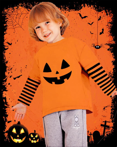 DHASIUE Halloween Shirt for Toddler Boy Girl Pumpkin Skeleton Ghost Dino Trucks Stripe Long Sleeve Tops for Kids 2-7 Years