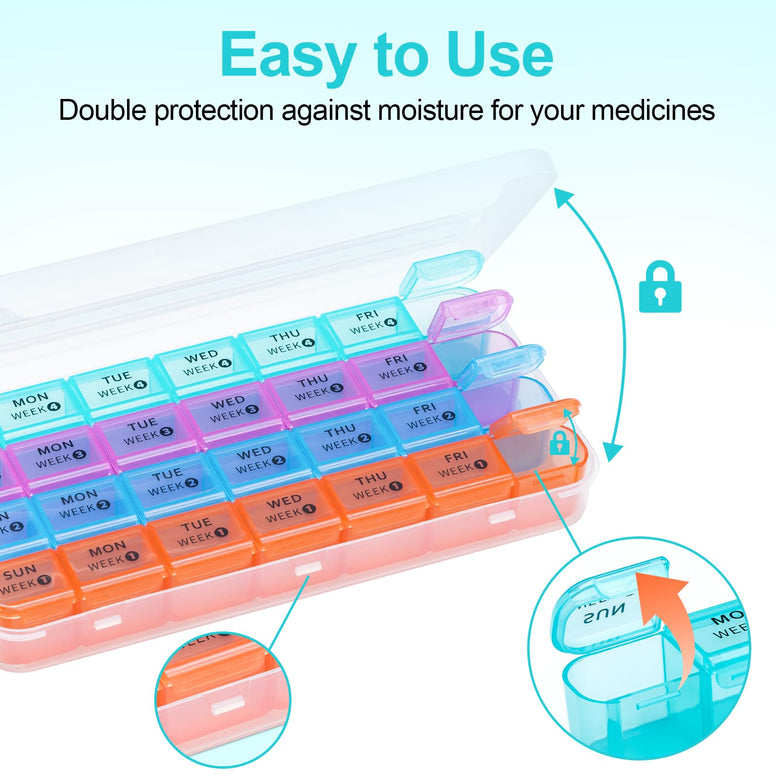 Monthly Pill Organizer 1 Times a Day,Daviky 4 Weekly Pill Organizer,Monthly Pill Box 1 Times a Day Organizer,28 Day Portable Pill Case Organizer,Medicine Organizer for Vitamins and Medication（Rainbow）