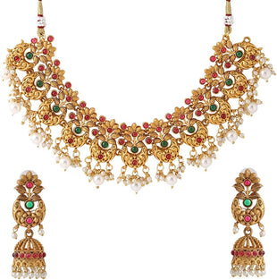 Yellow Chimes Jewellery Set For Women Gold Plated Pink and Green Stone Studded Pearl Beads Hanging Floral Designed Choker Necklace Set For Women and Girls, Free, Metal, No Gemstone