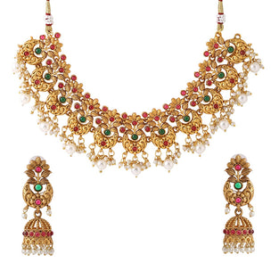 Yellow Chimes Jewellery Set For Women Gold Plated Pink and Green Stone Studded Pearl Beads Hanging Floral Designed Choker Necklace Set For Women and Girls, Free, Metal, No Gemstone