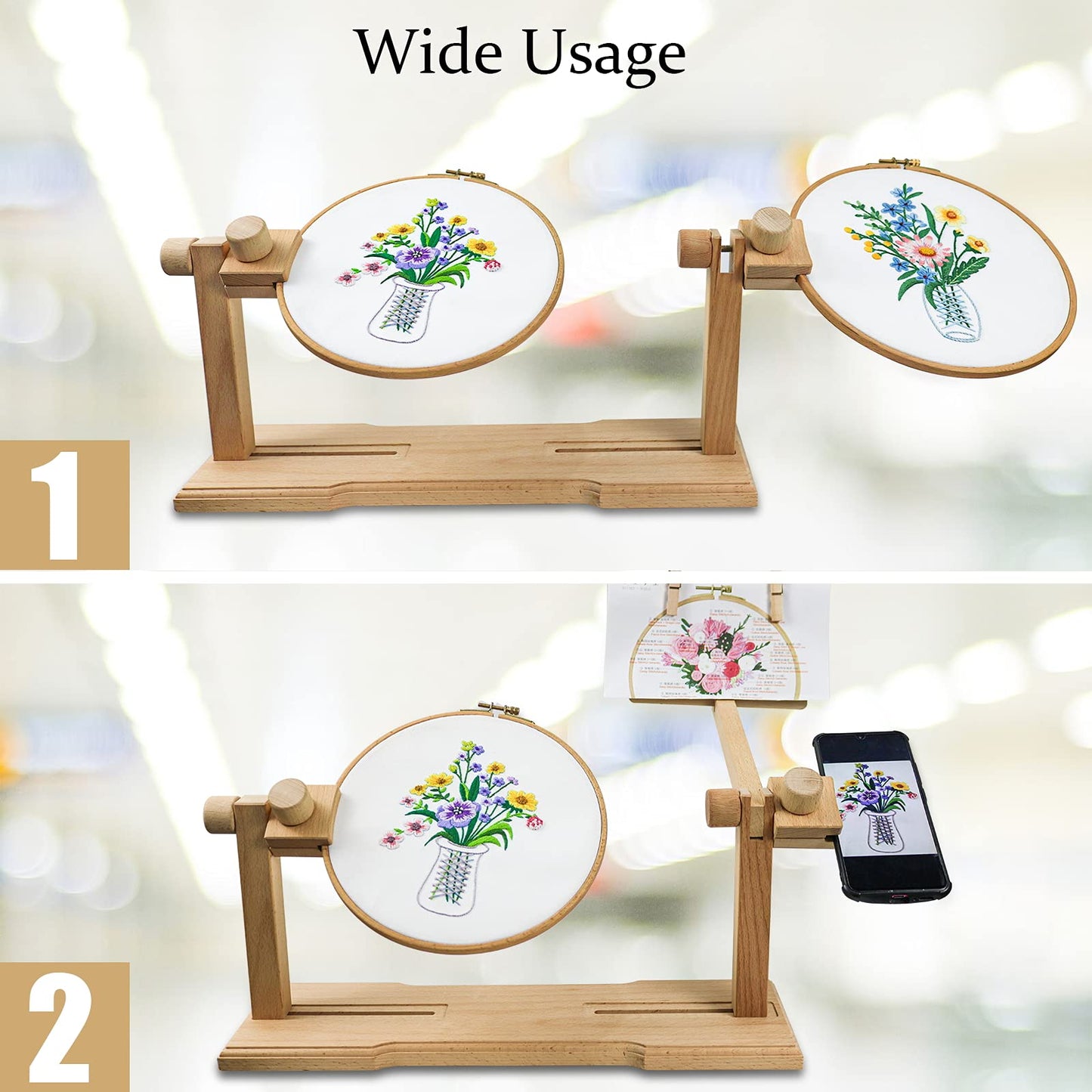 Embroidery Hoop Stand - Size Adjustable Cross Stitch Lap Stand Rotated Wooden Needlepoint Hoop Holder Stand Floor for Sewing Craft Supplies