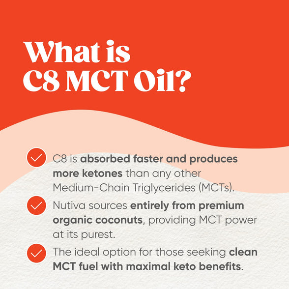 Nutiva Organic C8 MCT Oil, Ultimate Keto Fuel from Non-GMO Coconuts, 14g MCT 12 Fl Oz, USDA Organic, Whole 30, Vegan & Gluten-Free, Energy Boost to Coffee, Shakes and Salads