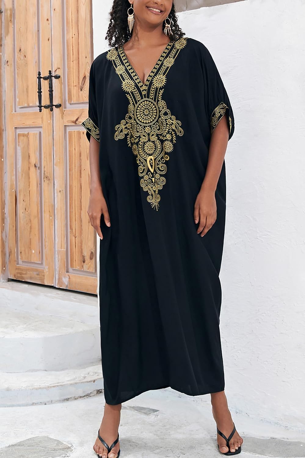 YouKD Embroidered Kaftan Dress Boho Beach Bikini Cover Up Robe Plus Size Loungewear for Women