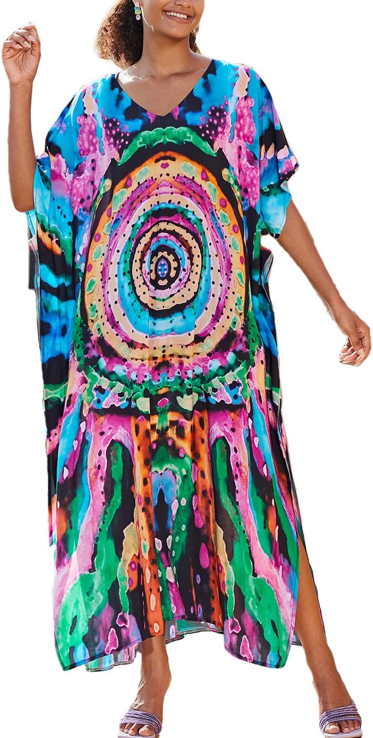 YouKD Women's Summer Bohemian Kaftan Plus Size Robe Beach Coverup Dress One Size Bathrobes