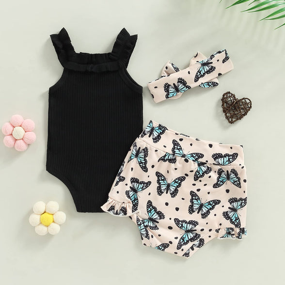 Sprifallbaby Infant Baby Girl Clothes Set Outfit Short Sleeve/Sleeveless Tops Toddler Girls Cute Shorts Bow Headband 3pcs (0-3 Months)
