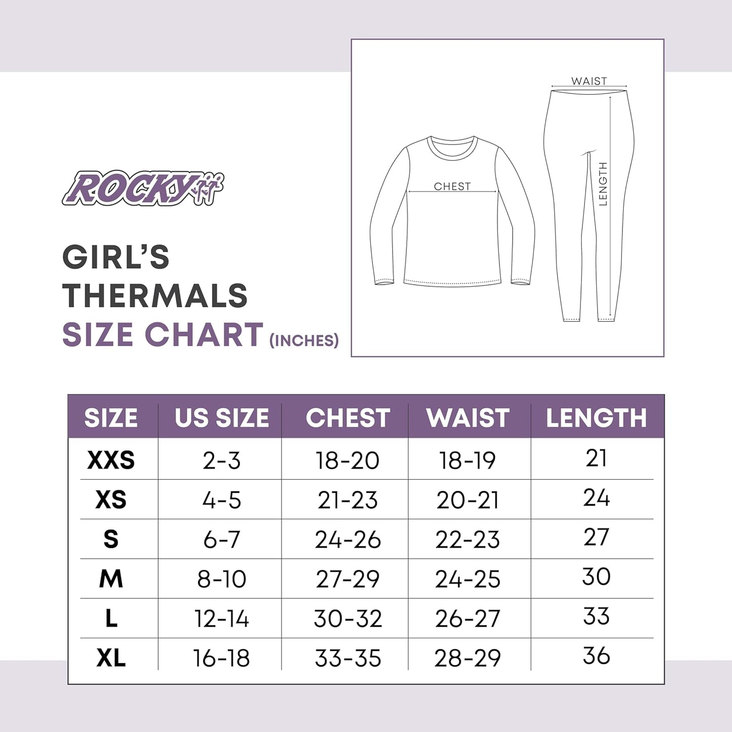 Rocky Thermal Underwear For Girls (Long Johns Thermals Set) Shirt & Pants, Base Layer w/Leggings/Bottoms Ski/Extreme Cold (White - Medium)