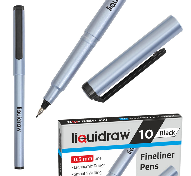 Liquidraw 10 Black Fineliner Pens Set Fine Point Pens 0.5mm Fineliners Black Coloured Pens For Artists, Architects, Technical Drawing, Handwriting, Calligraphy, Sketching, & Illustrations