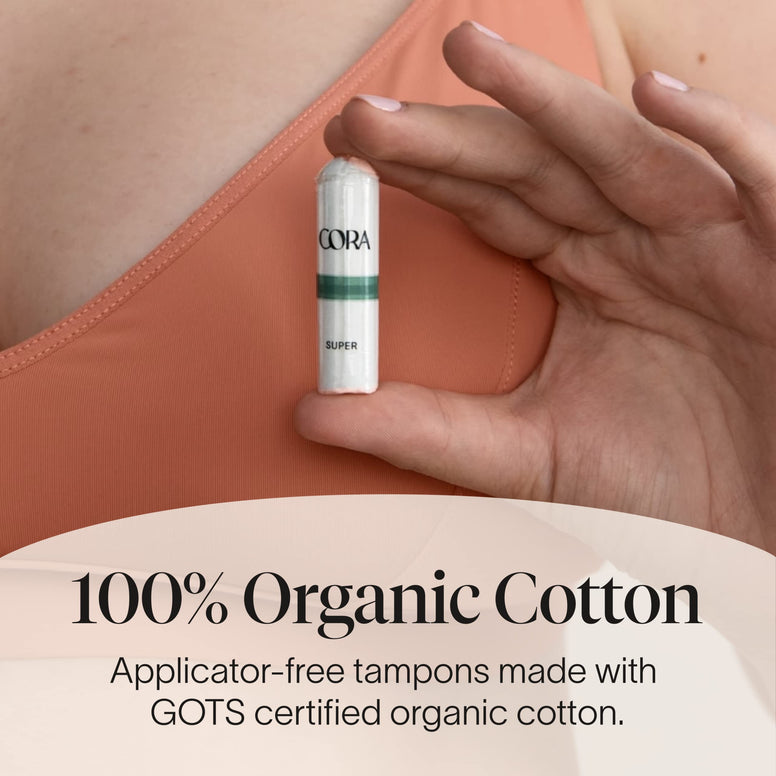 Cora 100% Organic Cotton Non-Applicator Tampons | Super Absorbency | Applicator-Free | Leak Protection | Ultra-Absorbent | Unscented | Packaging May Vary (36 Count)