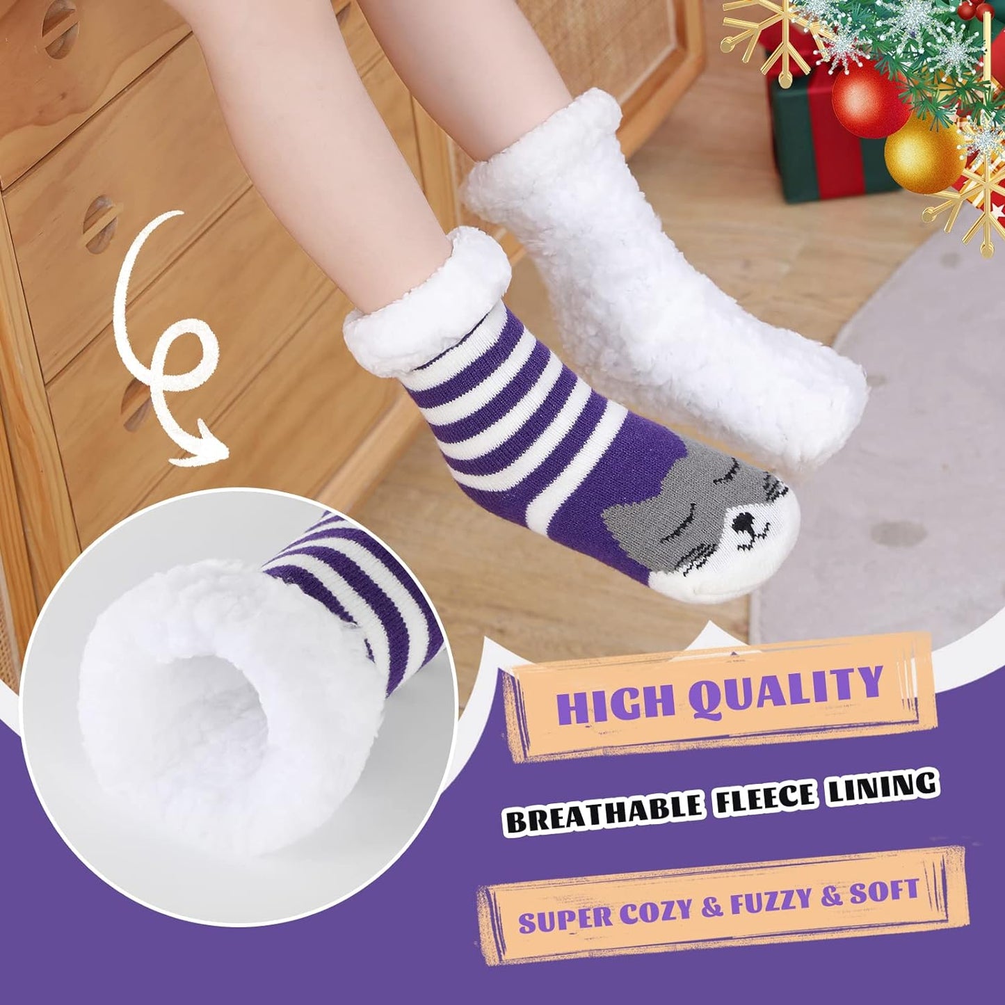 HERYEBING Kids Slipper Socks Boy Girl Chunky Knit Non Slip Socks Soft Fuzzy Warm Thick Fleece lined Christmas Stockings Child Toddler Winter Socks