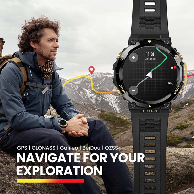 Amazfit T Rex 2 Smart Watch - Rugged Outdoor GPS Sports Fitness Watch with 24-Day Battery Life, Strength Exercise Tracking, 150+ Sports Modes, Waterproof - Astro Black & Gold