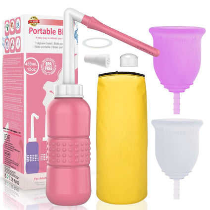 2pcs Menstrual Cup + 2IN1 450ml Perineal Irrigation Perineal ,15oz Portable Bidet Peri Bottle with Water Seal Cap Waterproof Bag