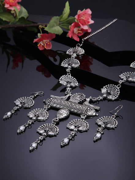 Shining Diva Fashion Latest Stylish Traditional Oxidised Silver Necklace Jewellery Set for Women (13160s)