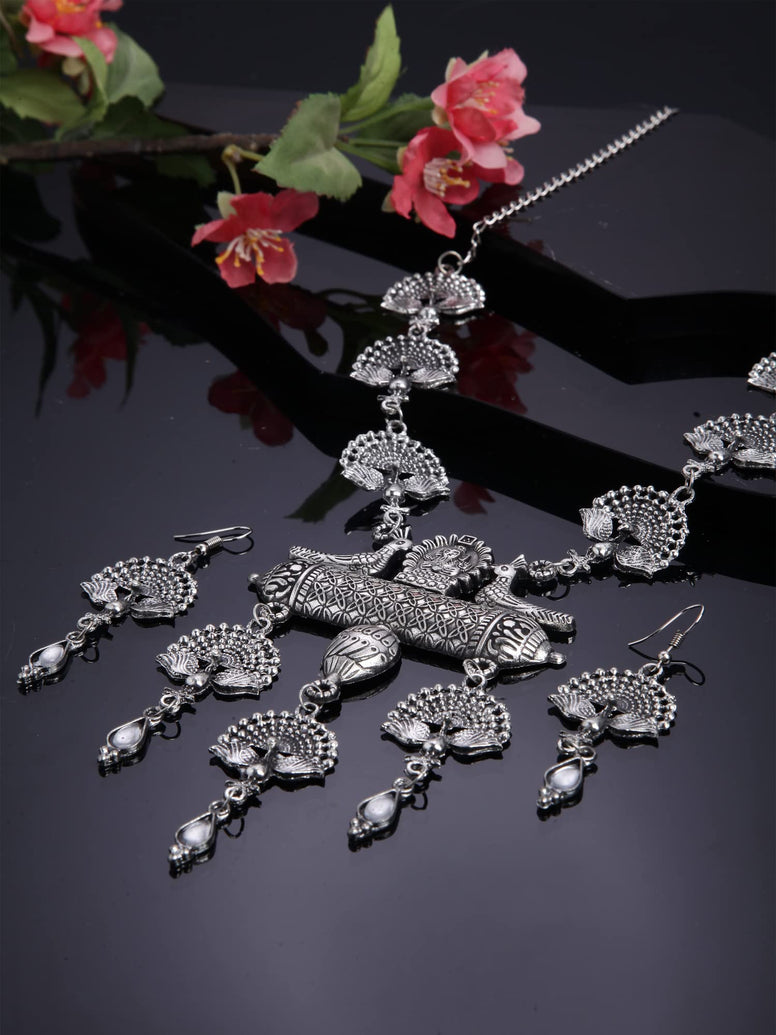 Shining Diva Fashion Latest Stylish Traditional Oxidised Silver Necklace Jewellery Set for Women (13160s)