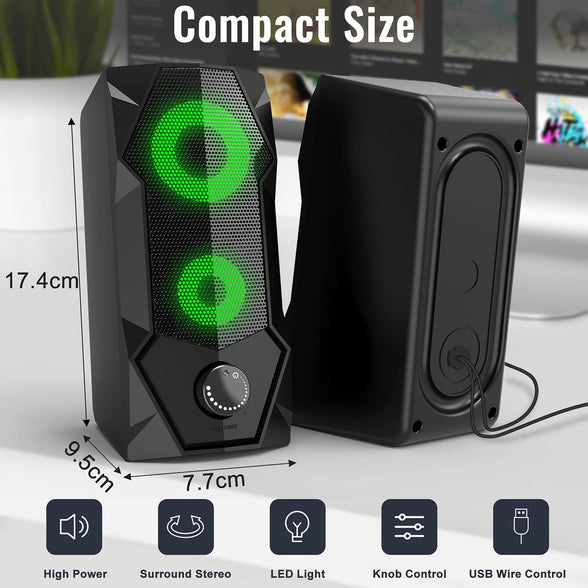 SPKPAL Computer Speakers RGB Gaming Speakers for PC 2.0 Wired USB Powered Stereo Volume Control Dual Channel Multimedia AUX 3.5mm for Laptop Desktop Monitors,10W