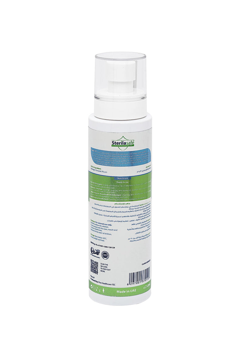 Sterilasafe Pure HP Food Grade, Hydrogen Peroxide 3%, H2O2, Natural Cleaner, NO chemical, First Aid Antiseptic Spray (250 ML)