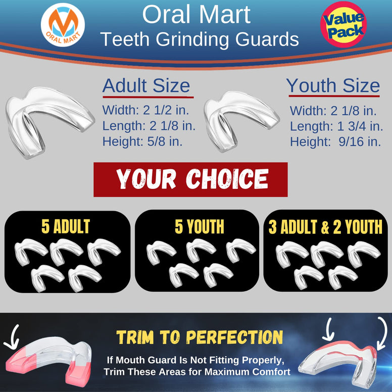 Oral Mart - Pack of 5 Clear Mouth Guards for Grinding Teeth - Moldable Anti Grinding Teeth Protector for Sleep - Clear Night Guard for Clenching Teeth, Whitening Tray (5 Pack, Adult Size)