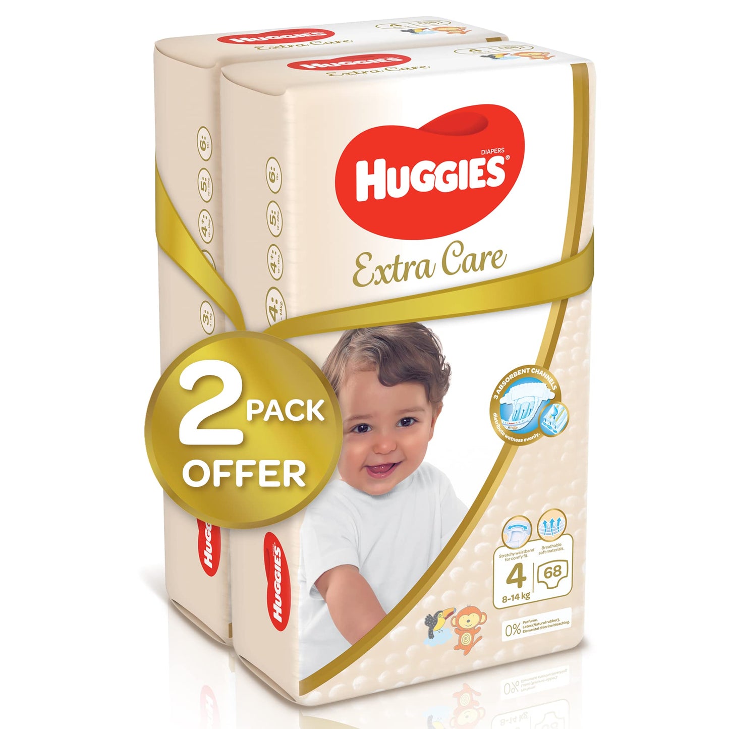 Huggies,Extra Care Baby Diapers,Diapers Size 4(8-14kg),Mega Pack of 136 Diapers,Absorbent Channels and Strechy Waistband,12h Day & Night Protection,Free from Nasties