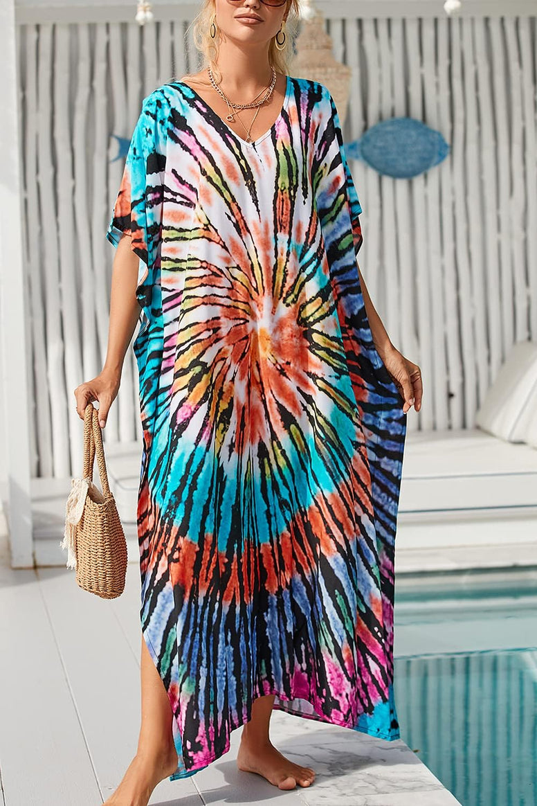 YouKD Maxi Dress V-Neck Kaftan Boho Robes Beach Cover-ups Dress Roomy Gowns for Women