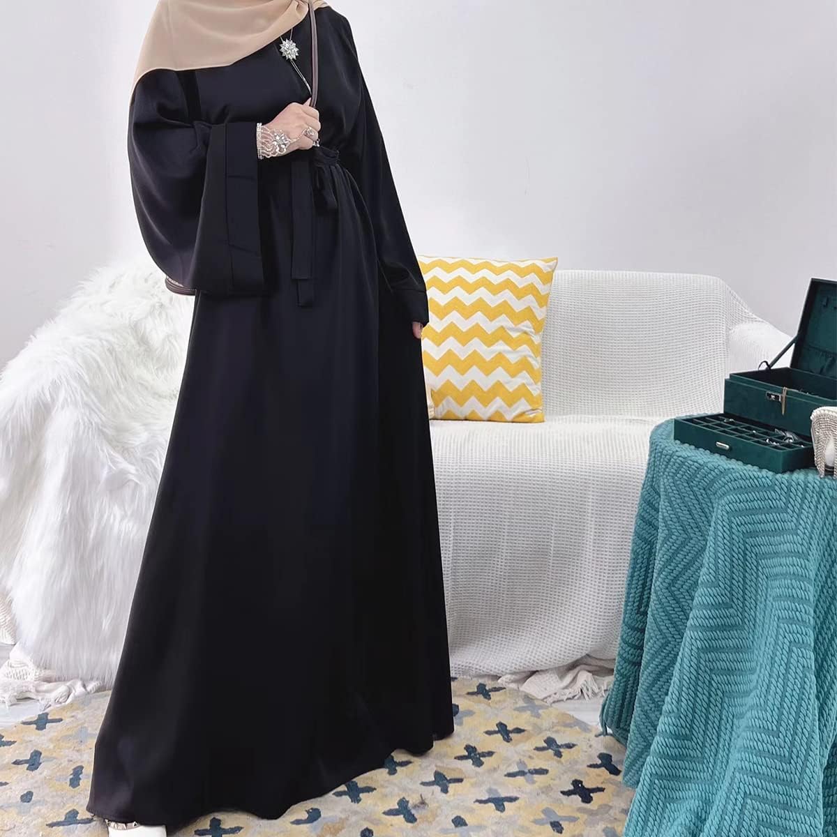 IMEKIS Women Muslim Abaya Long Sleeve Maxi Dress Loose Full Cover East Arabian Robe Dubai Islamic Dubai Prayer Clothes